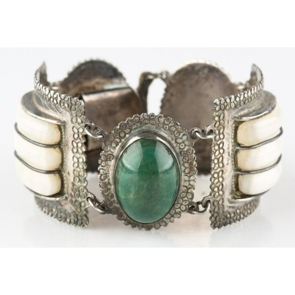 Vtg Mexican Silver Green/White (Jade/Quartz) Gemstone Cuff Bracelet 7" 112.6 g